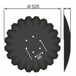 Bednar Talerz brony talerzowej uzębiony (agresywny) Średnica [mm]: 520 Ilość otworów [szt.] : 6 Grubość blachy [mm] : 5 Rozstaw otworów [mm] : 98  KM060230