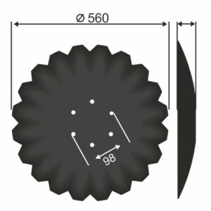 Bednar Talerz brony talerzowej uzębiony (agresywny) Średnica [mm]: 560 Ilość otworów [szt.] : 6 Grubość blachy [mm] : 5 Rozstaw otworów [mm] : 98 KM060230