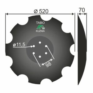 Bednar Talerz brony talerzowej uzębiony (agresywny) Średnica [mm]: 520 Ilość otworów [szt.] : 6 Grubość blachy [mm] : 5 Rozstaw otworów [mm] : 98  KM060304